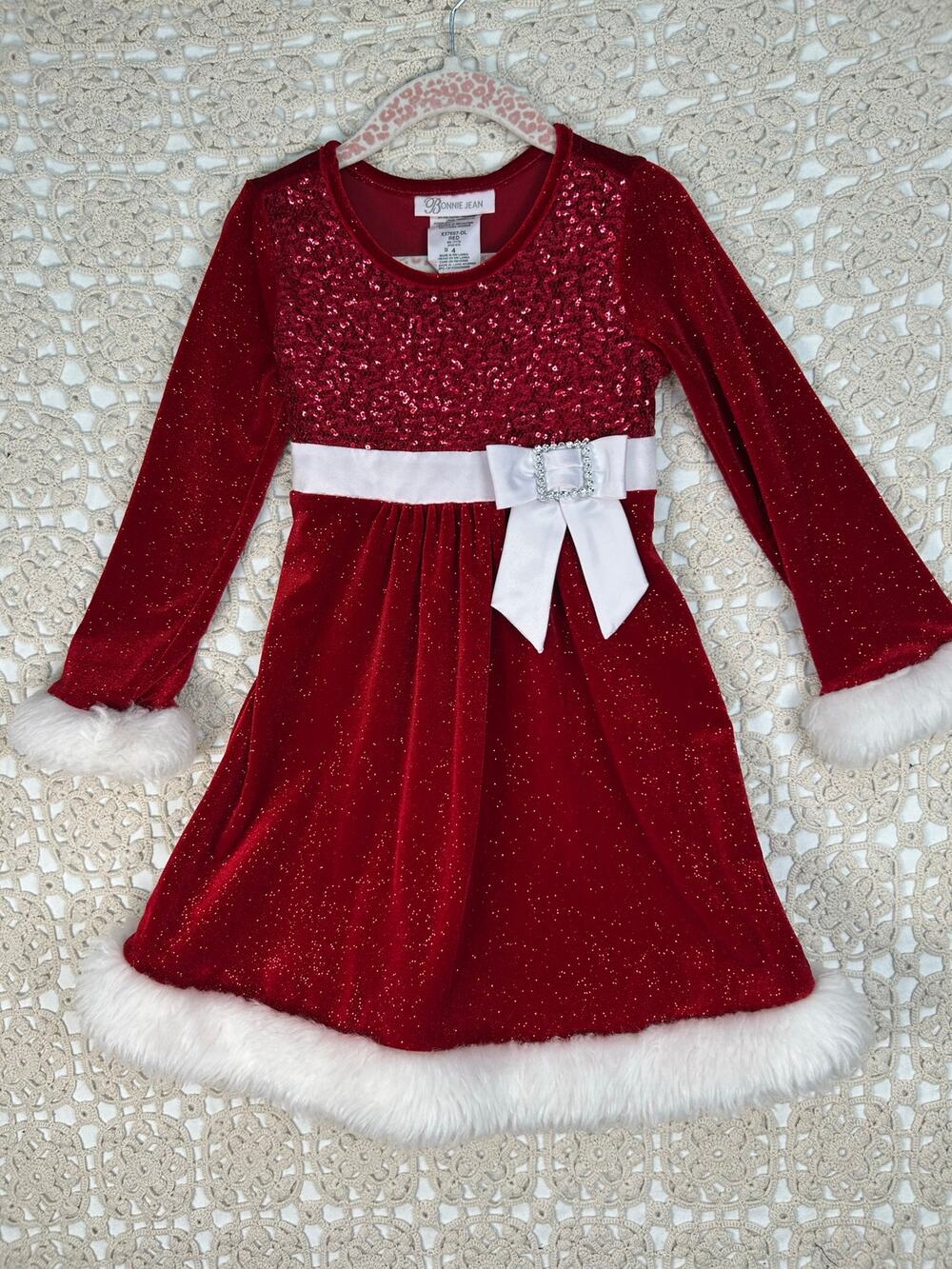 Bonnie Jean Girls Size 4 Red Velvet Sequin Christmas Dress Long Sleeve Faux Fur